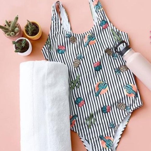 Primark Cactus & Pineapple striped one piece swimsuit, size 8 - Picture 1 of 6